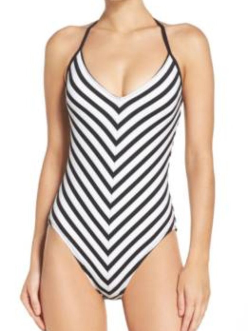 La Blanca Mime Games Black White Stripes V-neck One Piece Swimsuit Size 8